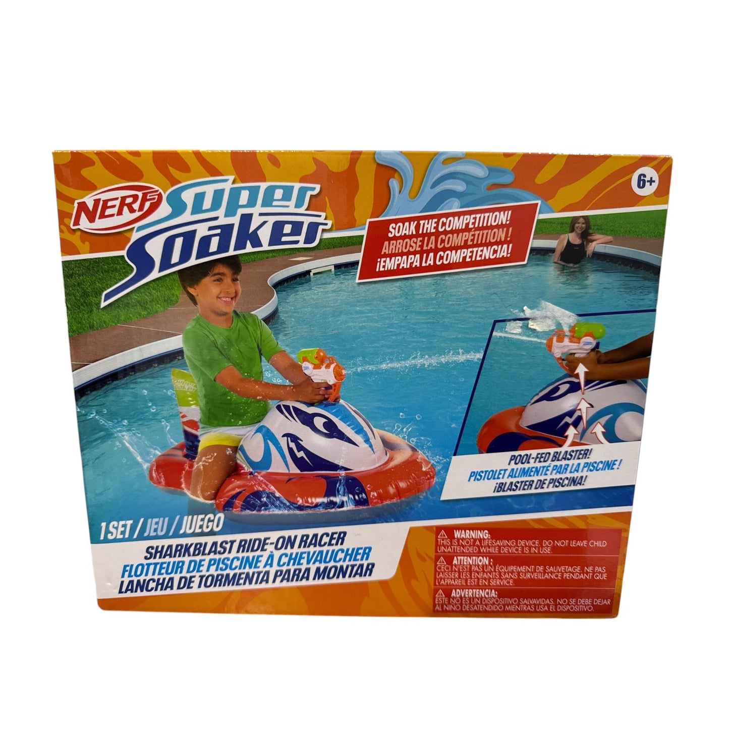 Nerf Super Soaker Sharkblast Ride-On Racer Pool Inflatable With Water Blaster For Kids Ages 6+ Multicolor
