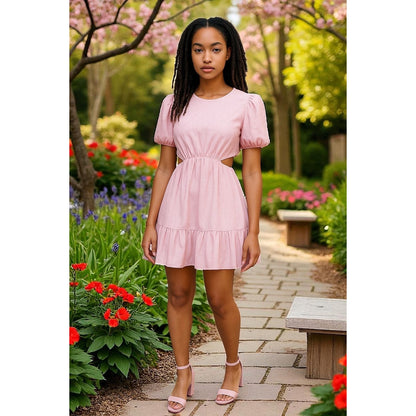 WAYF Pink Puff Sleeve Tiered Mini Dress With Side Cutouts MEDIUM