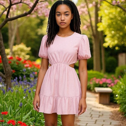 WAYF Pink Puff Sleeve Tiered Mini Dress With Side Cutouts MEDIUM