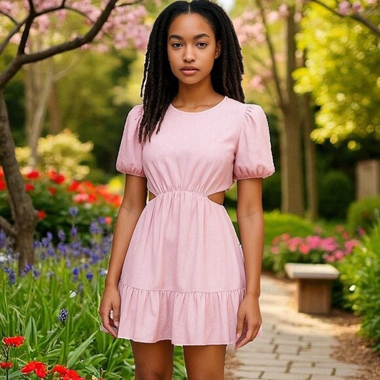 WAYF Pink Puff Sleeve Tiered Mini Dress With Side Cutouts MEDIUM