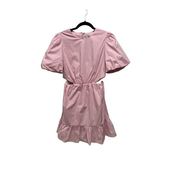 WAYF Pink Puff Sleeve Tiered Mini Dress With Side Cutouts MEDIUM