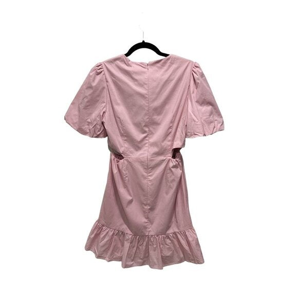 WAYF Pink Puff Sleeve Tiered Mini Dress With Side Cutouts MEDIUM