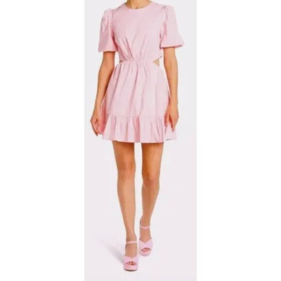 WAYF Pink Puff Sleeve Tiered Mini Dress With Side Cutouts MEDIUM