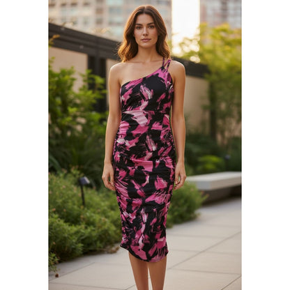 The Fashion Poet One-Shoulder Pink & Black Abstract Print Bodycon Dress XL