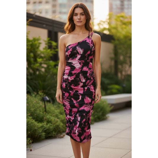 The Fashion Poet One-Shoulder Pink & Black Abstract Print Bodycon Dress XL