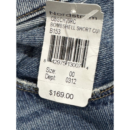 Good American Bombshell Short Cutoff Denim Shorts Size 00 Light Wash Distressed Frayed Hem Retail $169