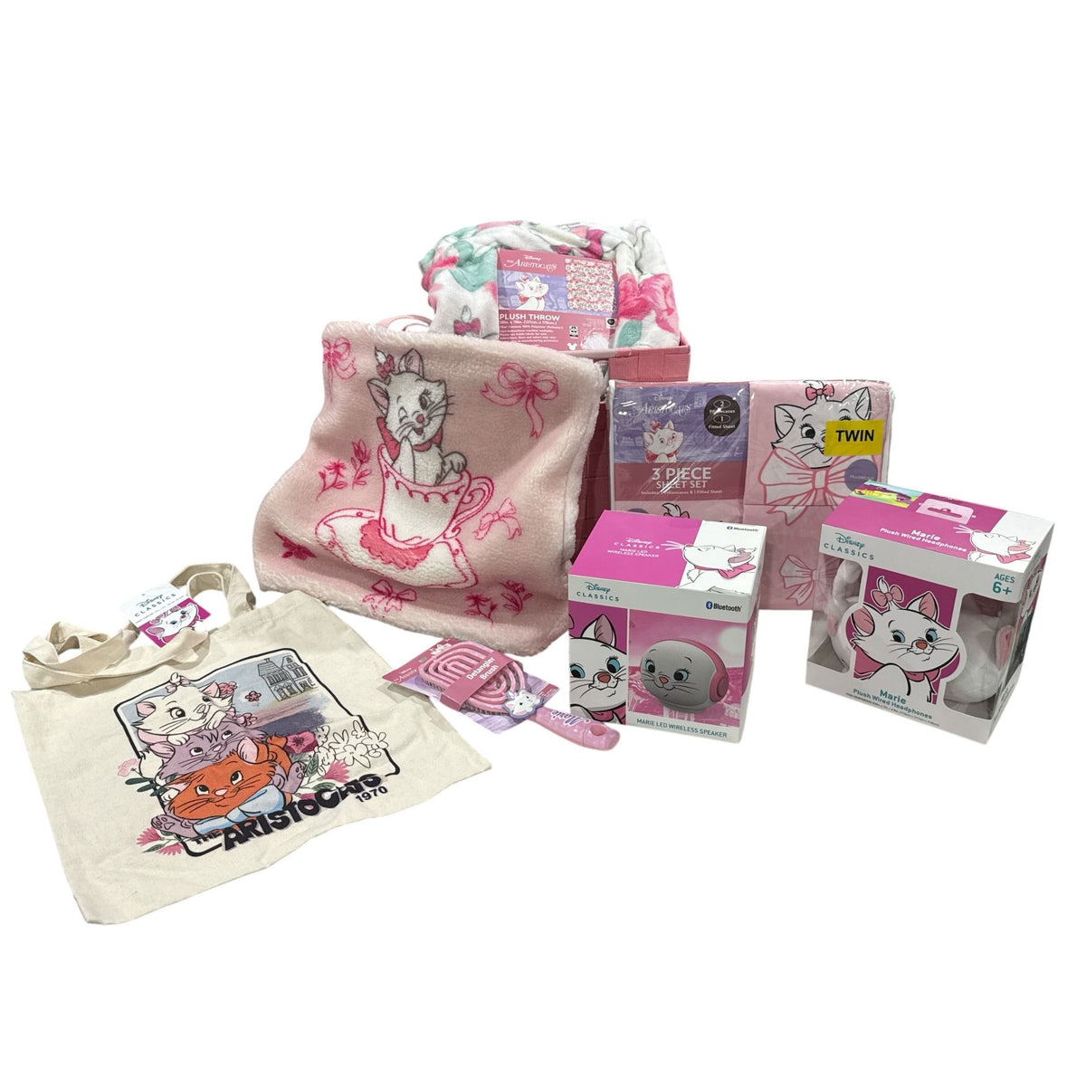 Disney Aristocats Marie Plush Throw Sheet Set Tote Bag & Accessories Bundle