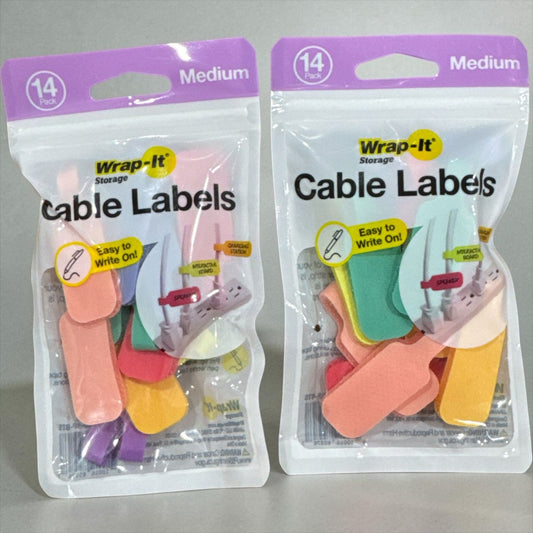 Set of 2 Wrap-It Storage Cable Labels 14-Pack Medium Easy-To-Write Hook & Loop Organizers For Wires & Cables Multi-Color