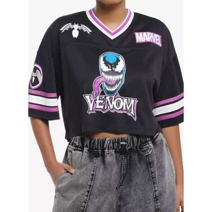Marvel Venom Football Jersey Cropped Black Purple Striped Graphic Design Women's S/M