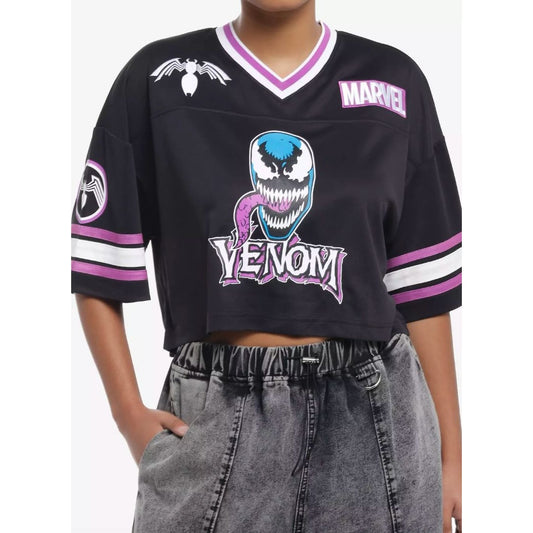 Marvel Venom Football Jersey Cropped Black Purple Striped Graphic Design Women's S/M