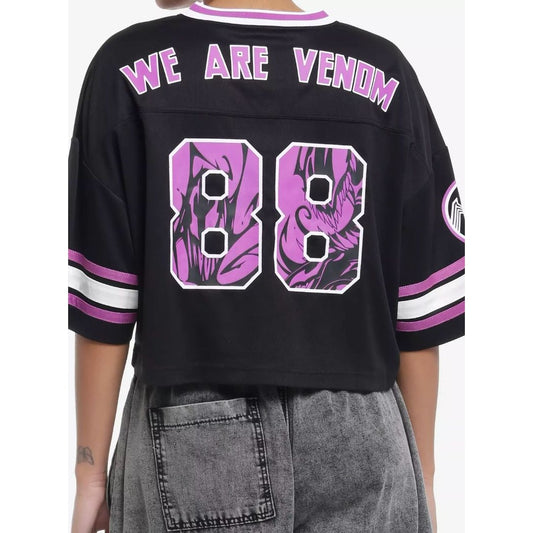 Marvel Venom Football Jersey Cropped Black Purple Striped Graphic Design Women's S/M