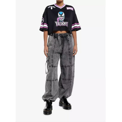 Marvel Venom Football Jersey Cropped Black Purple Striped Graphic Design Women's S/M