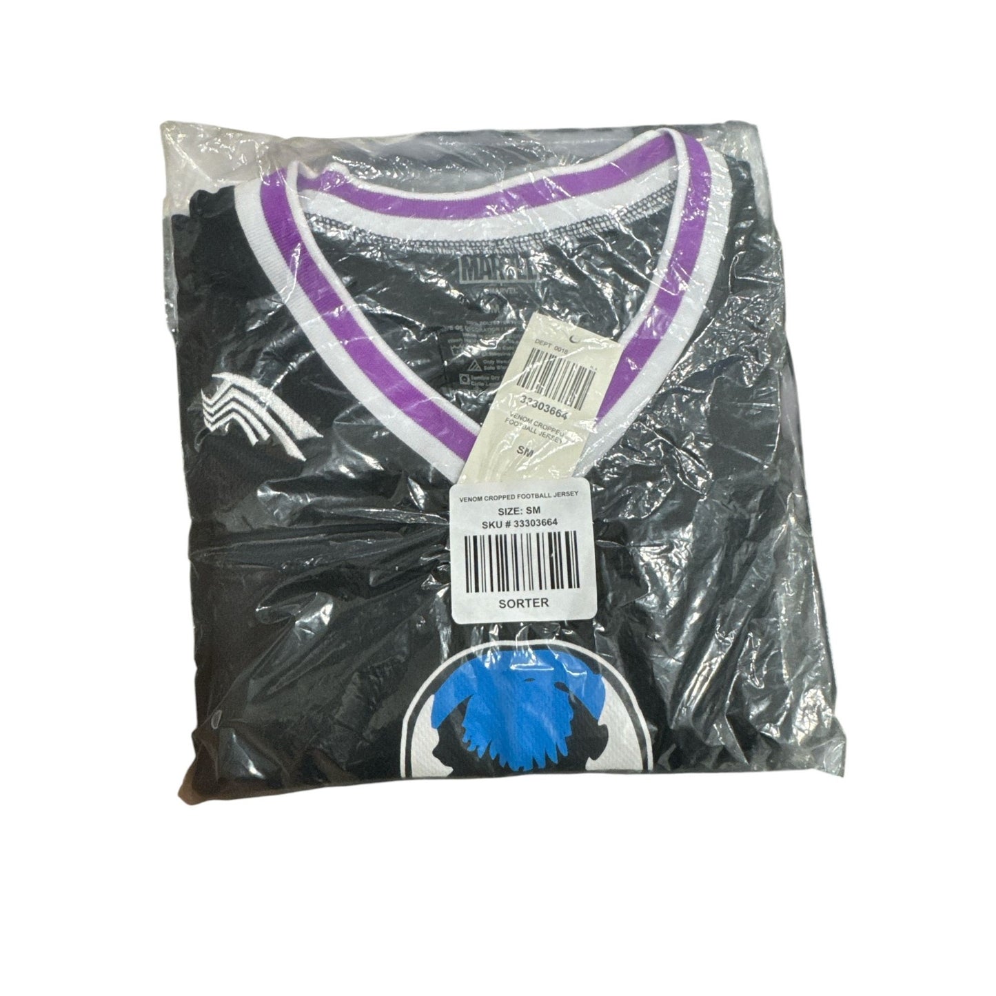 Marvel Venom Football Jersey Cropped Black Purple Striped Graphic Design Women's S/M