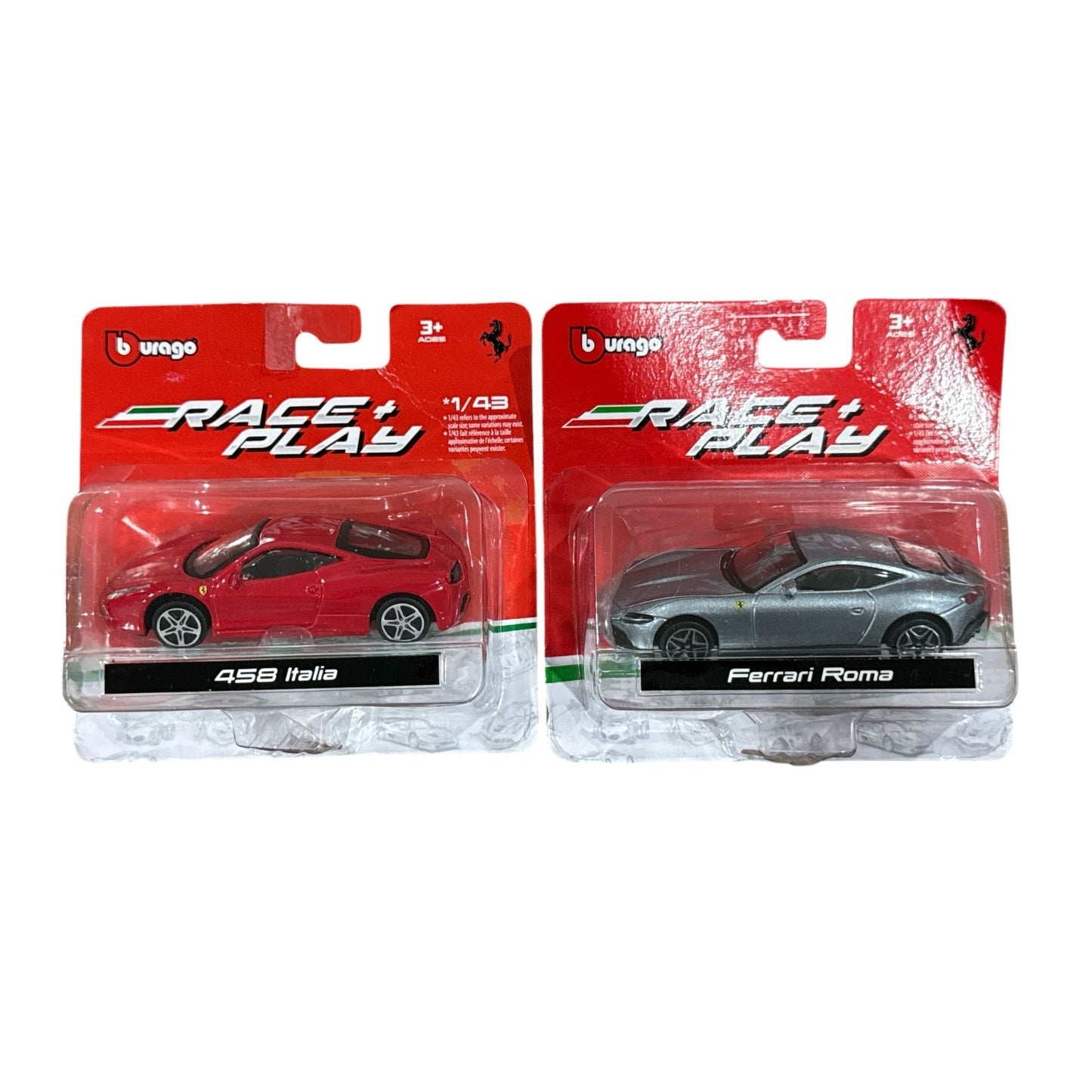 Burago Ferrari Die-Cast Cars 1:43 Scale 458 Italia & Ferrari Roma Red & Silver For Collectors & Ages 3+. Official Licensed Product.