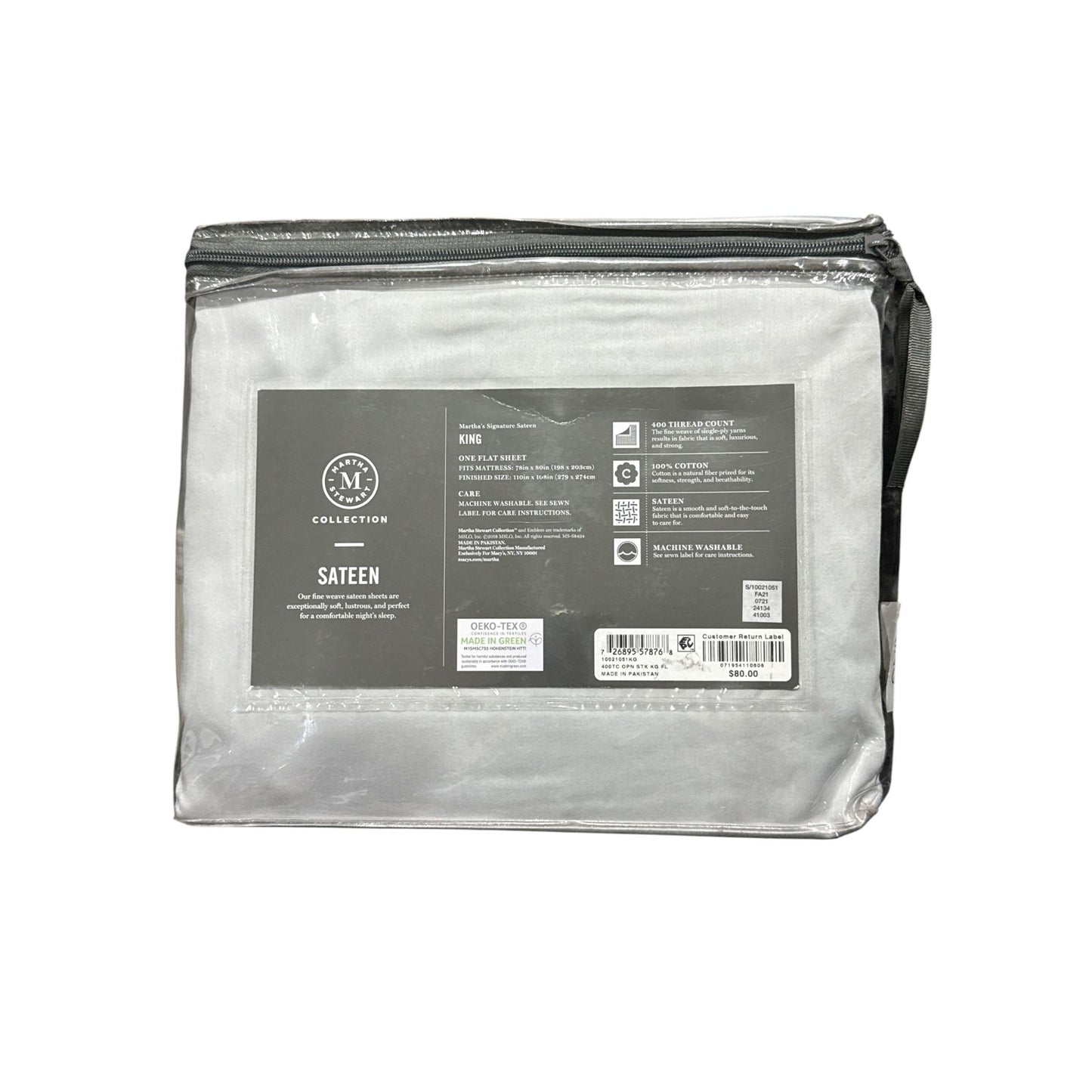 Martha Stewart King Flat Sheet Sateen 100% Cotton 400 Thread Count GRAY