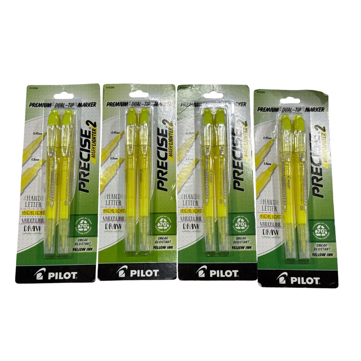 Pilot Precise Marklighter 2 Dual-Tip Markers Yellow Ink Smear-Resistant Highlighter & Underline 4 Packs Of 2 Markers Each