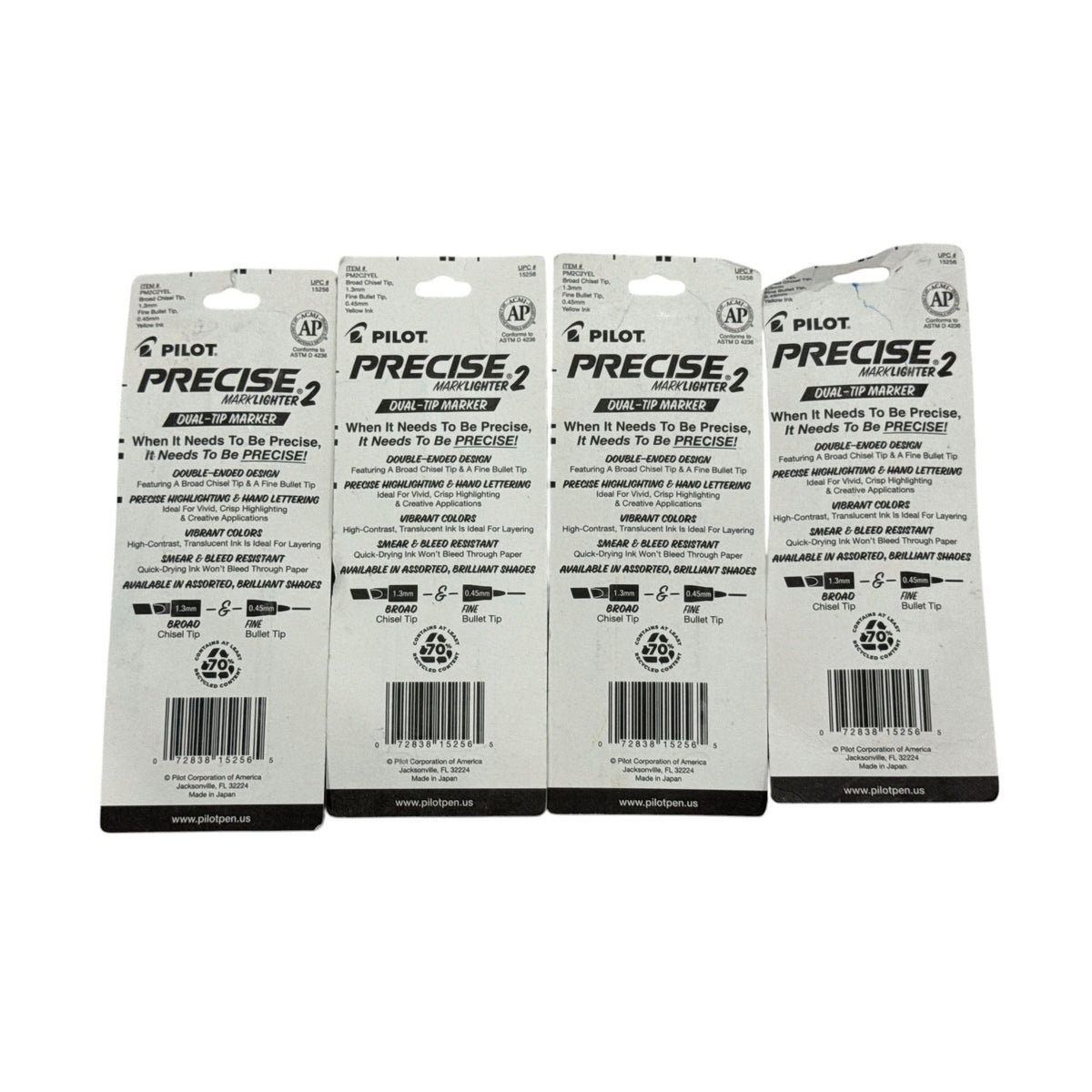 Pilot Precise Marklighter 2 Dual-Tip Markers Yellow Ink Smear-Resistant Highlighter & Underline 4 Packs Of 2 Markers Each