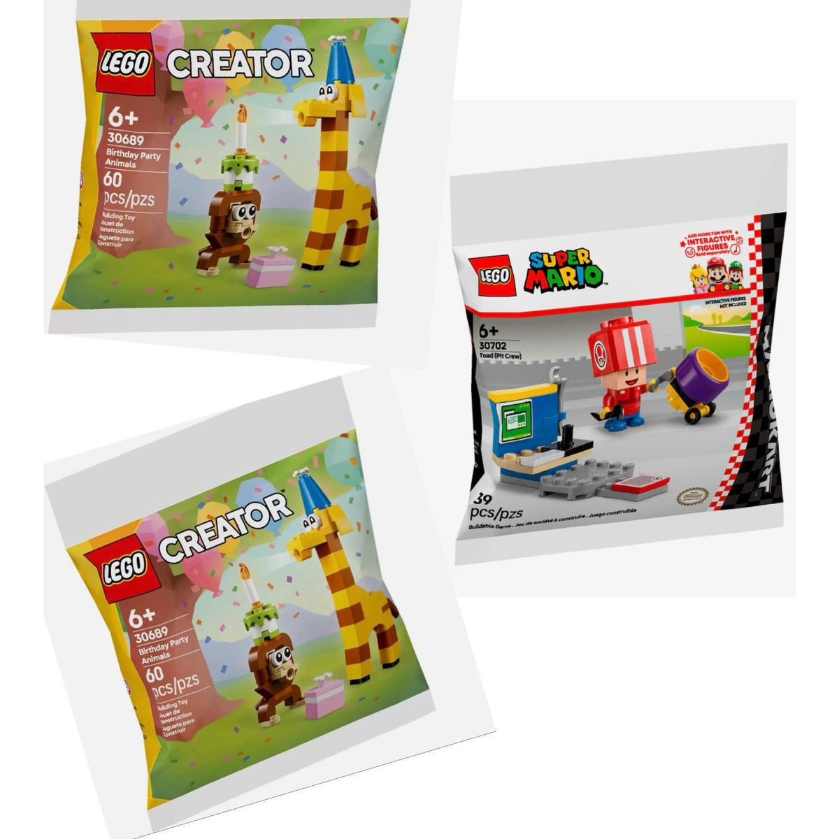 LEGO Creator 30689 Birthday Giraffe & 30702 Super Mario Toad Polybag Set 3 Packs 6+ Years New