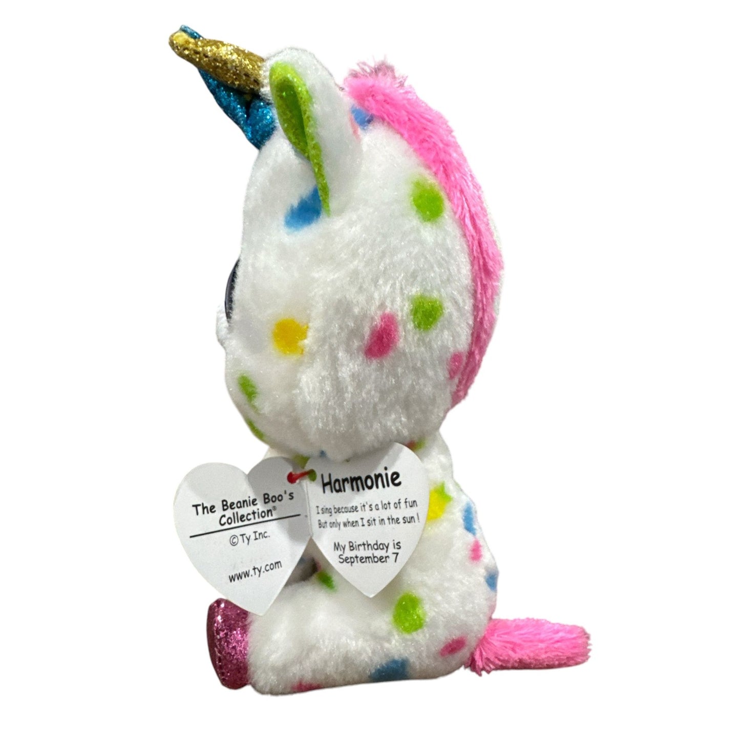 Ty Beanie Boos Harmonie Unicorn Plush 6" White With Multicolor Polka Dots & Glitter Accents