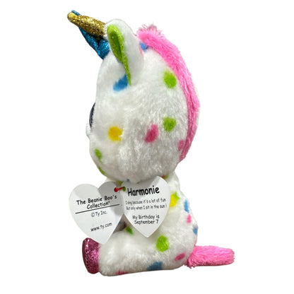 Ty Beanie Boos Harmonie Unicorn Plush 6" White With Multicolor Polka Dots & Glitter Accents