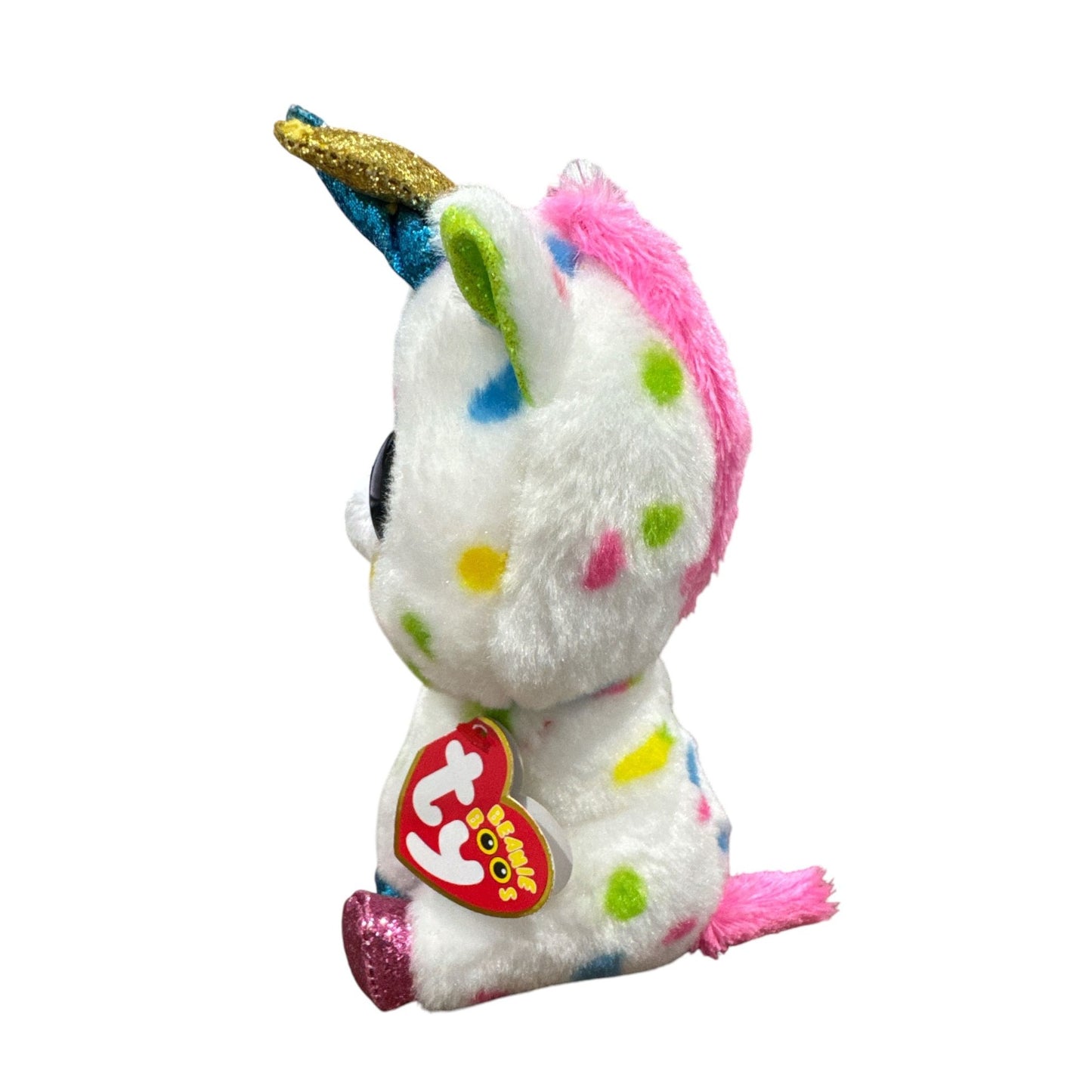 Ty Beanie Boos Harmonie Unicorn Plush 6" White With Multicolor Polka Dots & Glitter Accents