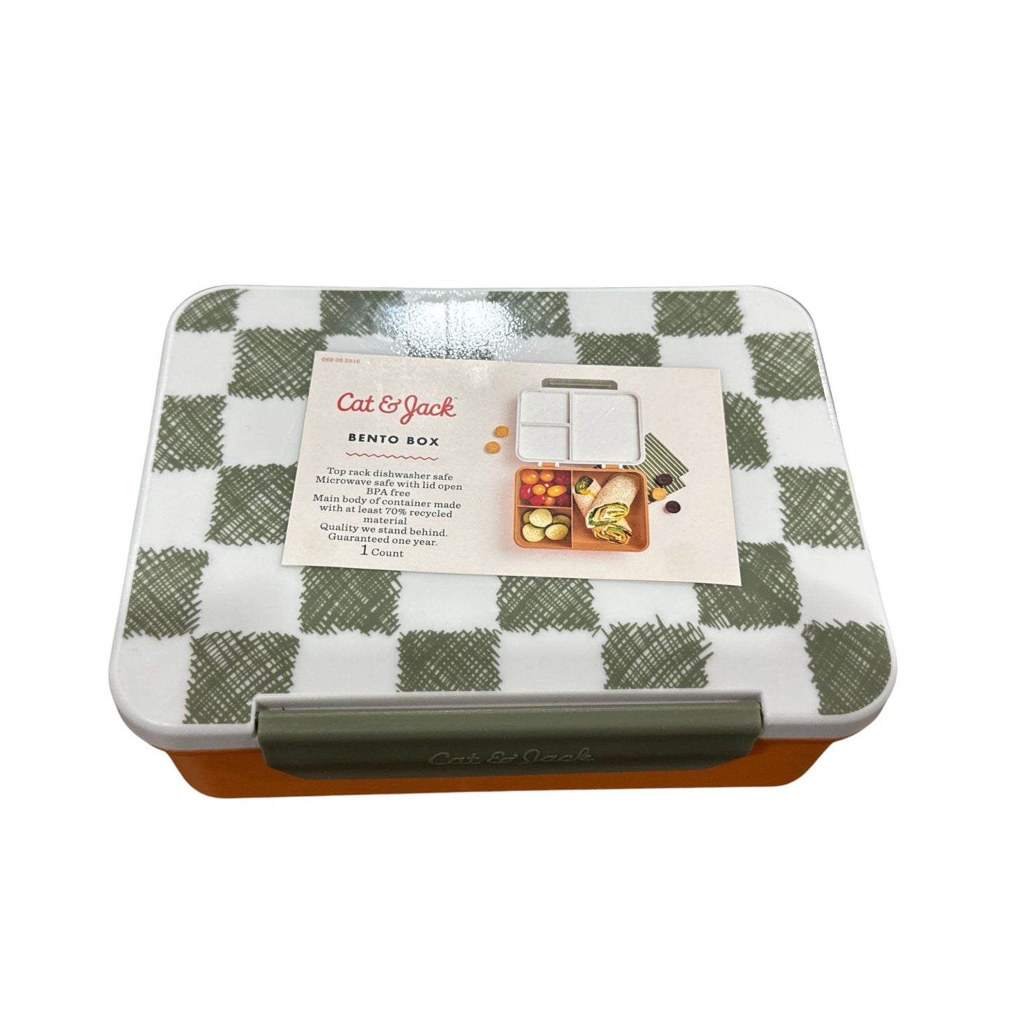 Cat & Jack BPA-Free Bento Box With Compartments Dishwasher & Microwave Safe Orange & White Check 8.5"x6.75"x2.35"