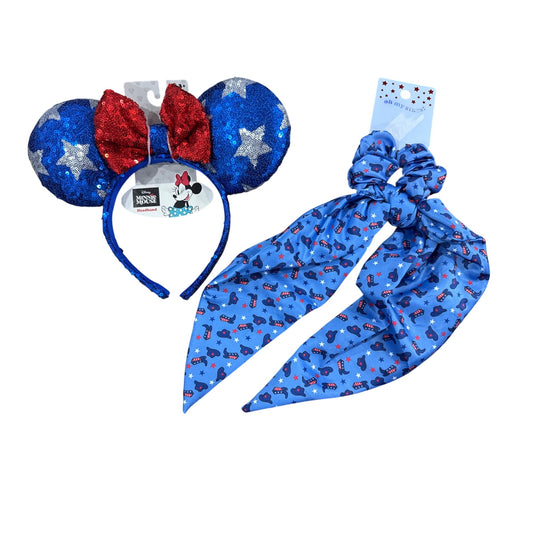 Disney Minnie Mouse Sequin Headband & Oh My Stars Scrunchie Bow Set Kids Patriotic Red White & Blue