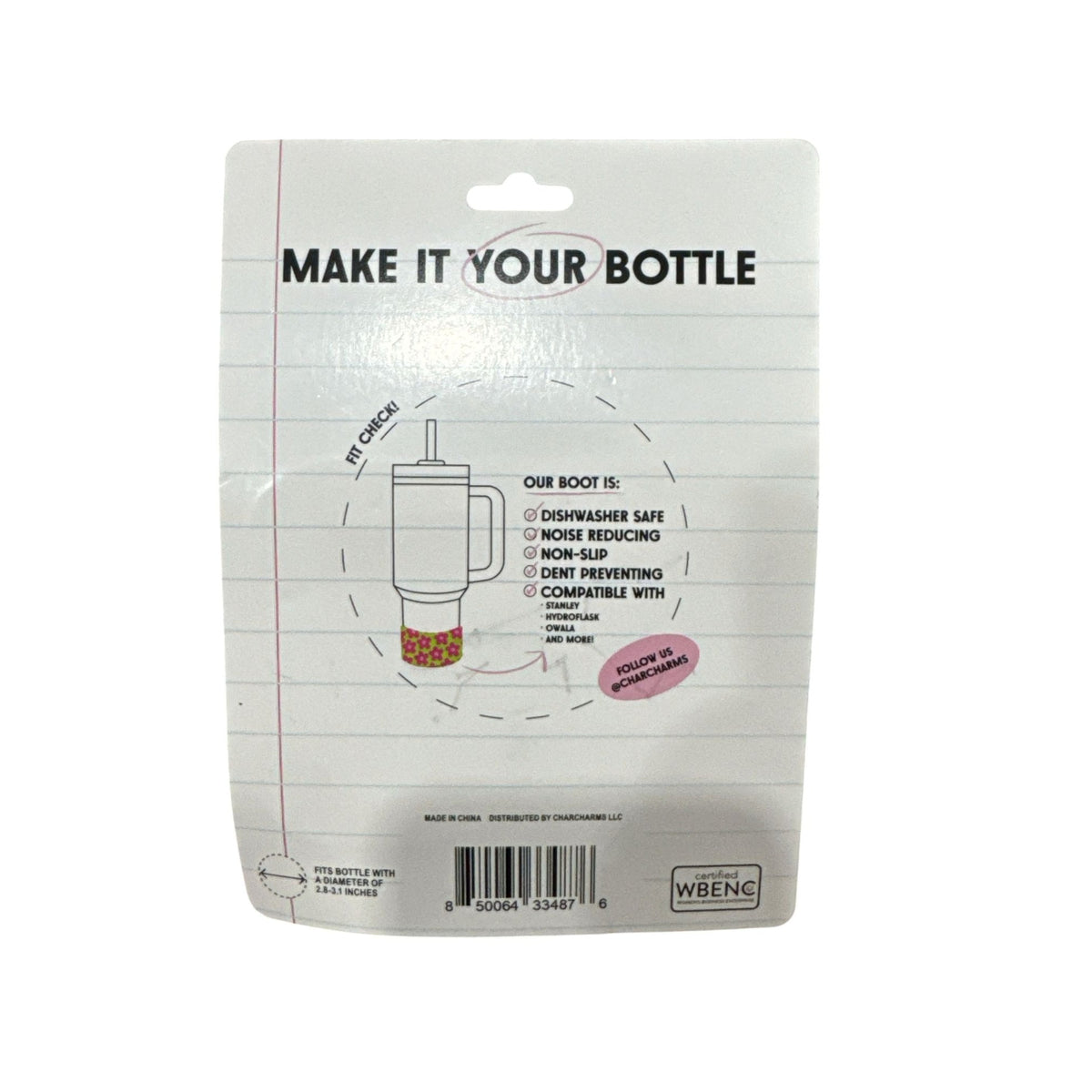 Char Charms Silicone Water Bottle Boot With Pink Floral Pattern