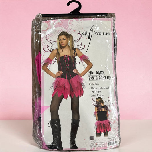 Leg Avenue 2-Piece Dark Pixie Costume Includes Dress With Skull Applique & Arm Pieces - Size Jr. S/M - Pink & Black