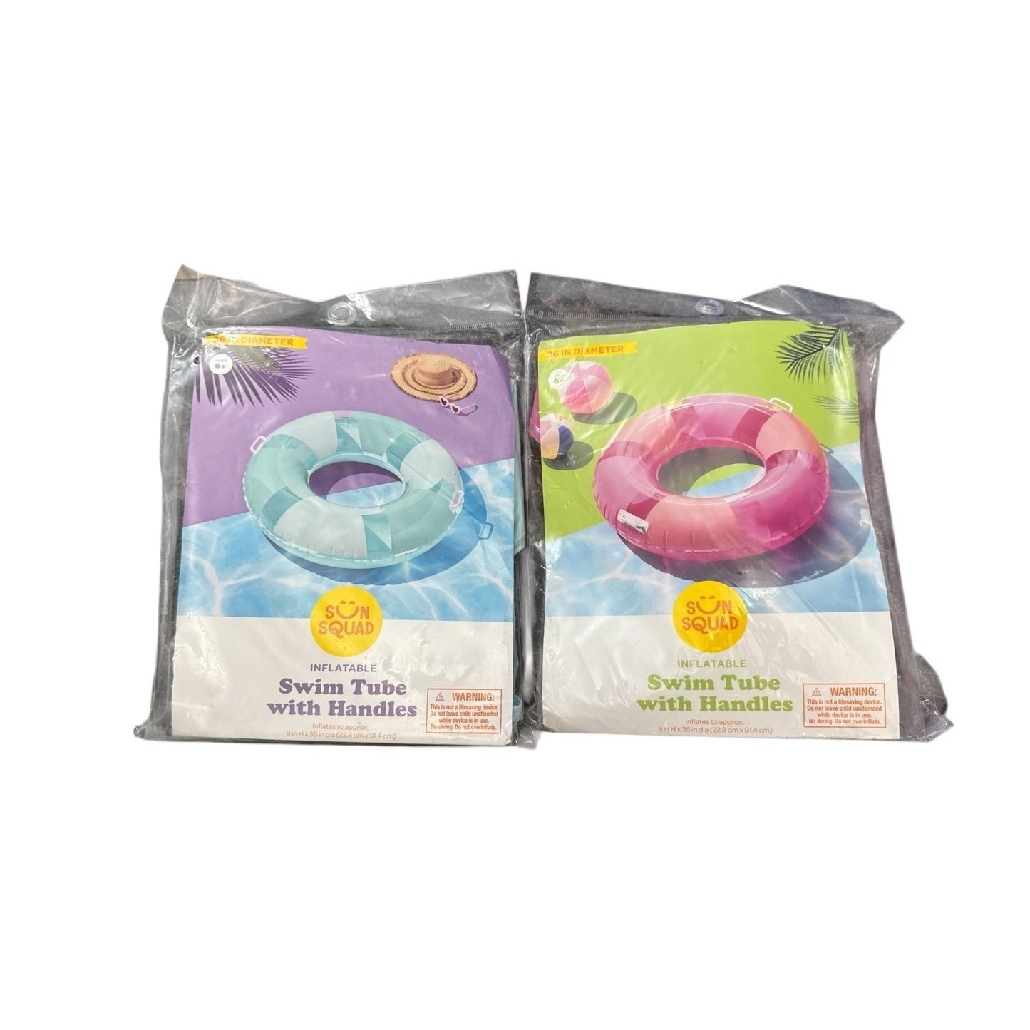 Set of 2 Sun Squad Inflatable Swim Tubes With Handles 36" Diameter Pink & Green For Ages 6+