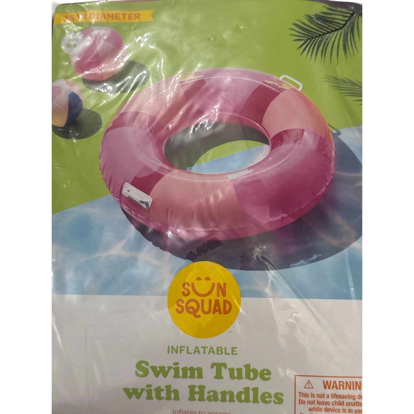 Set of 2 Sun Squad Inflatable Swim Tubes With Handles 36" Diameter Pink & Green For Ages 6+