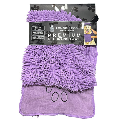 London Fog Premium Pet Drying Towel 31"x13" Purple Maximum Absorbency Side Pockets For Hand Drying