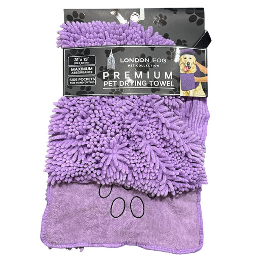 London Fog Premium Pet Drying Towel 31"x13" Purple Maximum Absorbency Side Pockets For Hand Drying