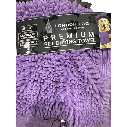 London Fog Premium Pet Drying Towel 31"x13" Purple Maximum Absorbency Side Pockets For Hand Drying