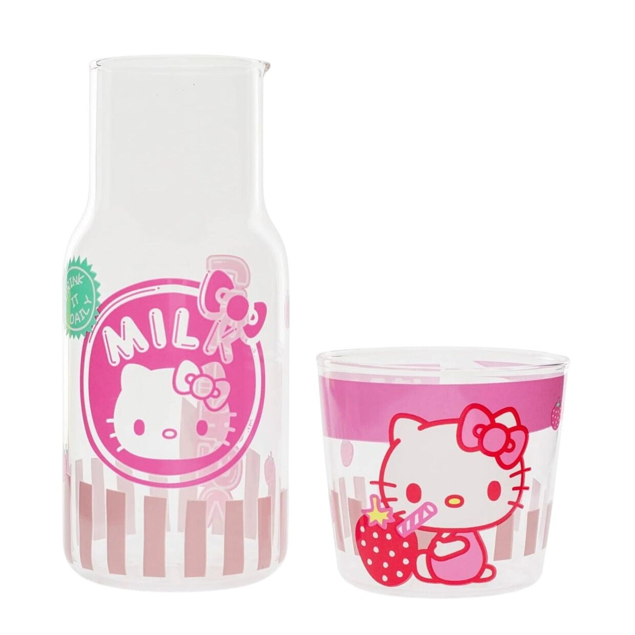 Hello Kitty Glass Water Pitcher With Cup 18 Oz (532 Ml) Pink & White Design Includes Cup With Strawberry Graphic