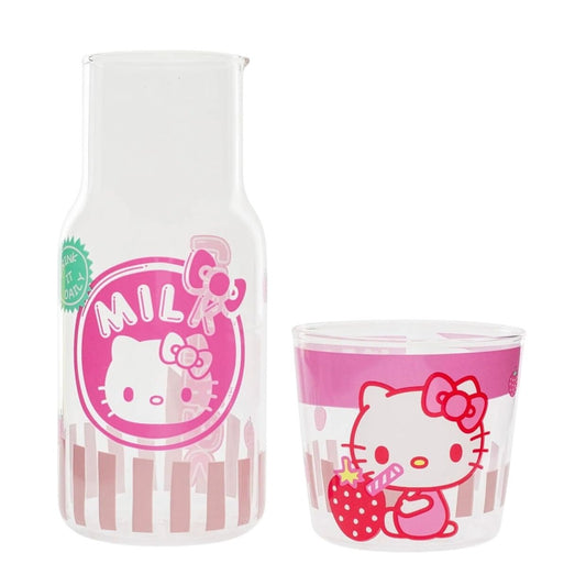 Hello Kitty Glass Water Pitcher With Cup 18 Oz (532 Ml) Pink & White Design Includes Cup With Strawberry Graphic