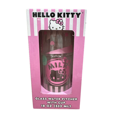 Hello Kitty Glass Water Pitcher With Cup 18 Oz (532 Ml) Pink & White Design Includes Cup With Strawberry Graphic