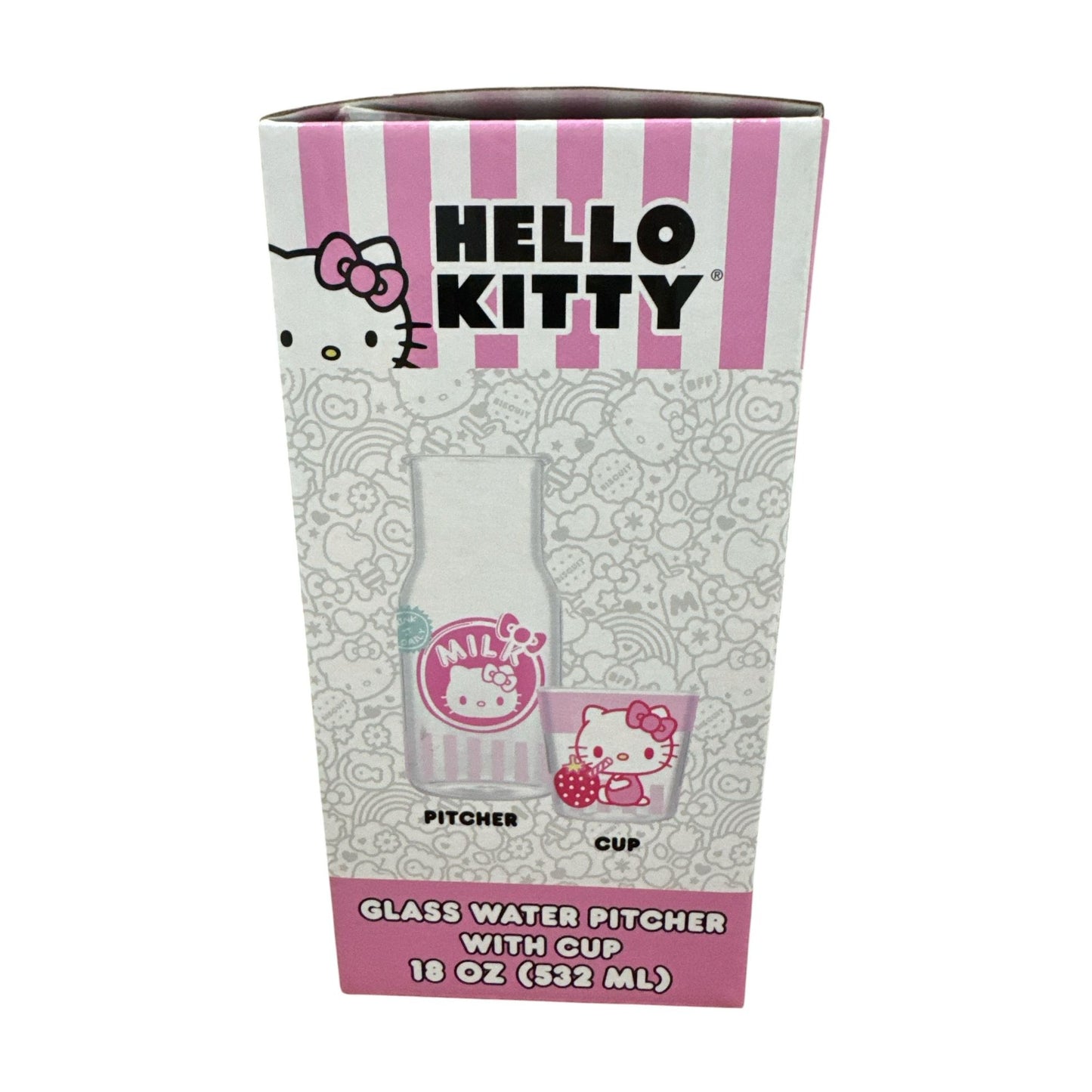 Hello Kitty Glass Water Pitcher With Cup 18 Oz (532 Ml) Pink & White Design Includes Cup With Strawberry Graphic