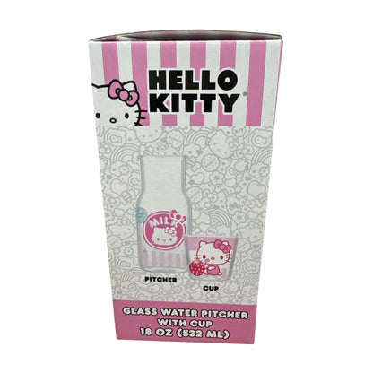 Hello Kitty Glass Water Pitcher With Cup 18 Oz (532 Ml) Pink & White Design Includes Cup With Strawberry Graphic