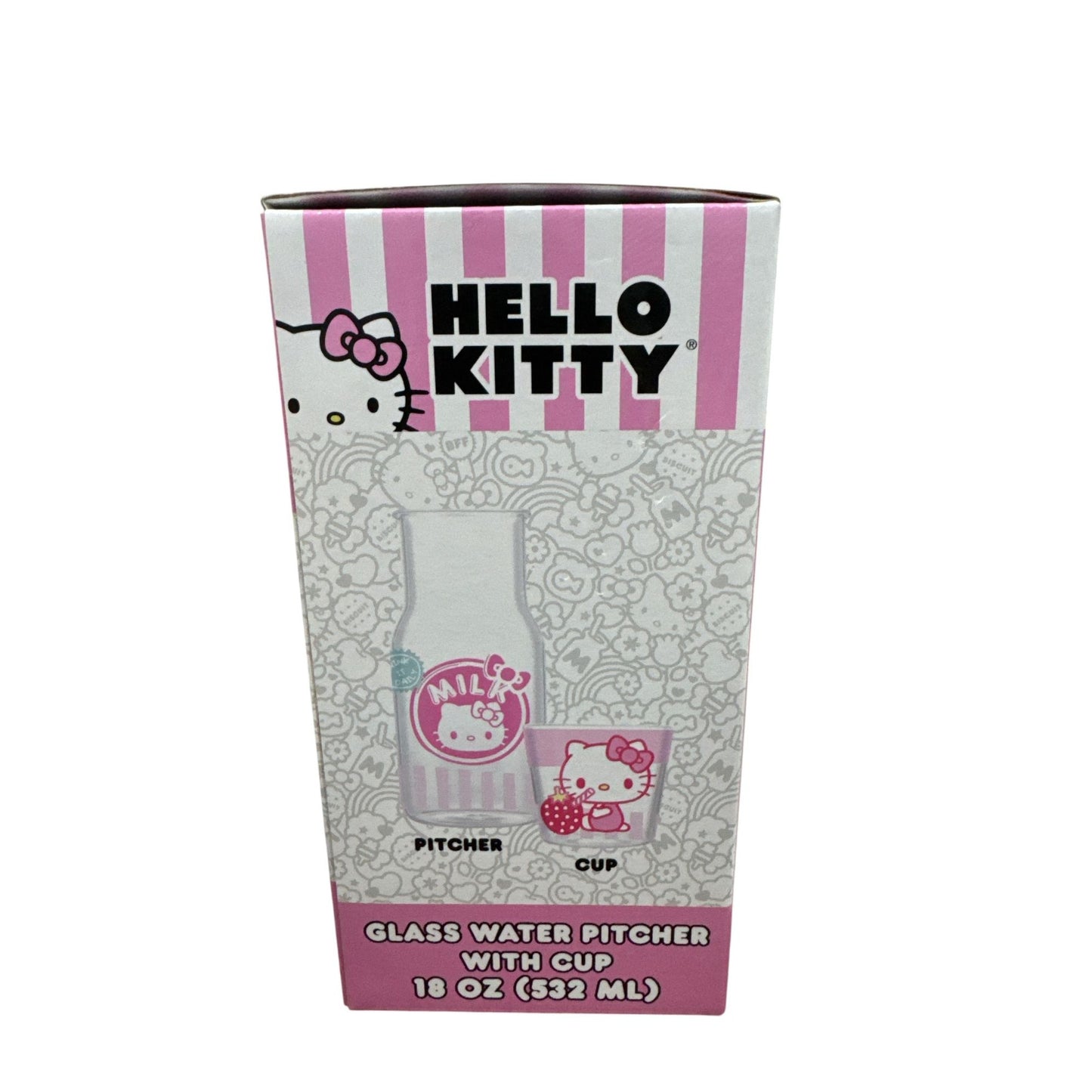 Hello Kitty Glass Water Pitcher With Cup 18 Oz (532 Ml) Pink & White Design Includes Cup With Strawberry Graphic