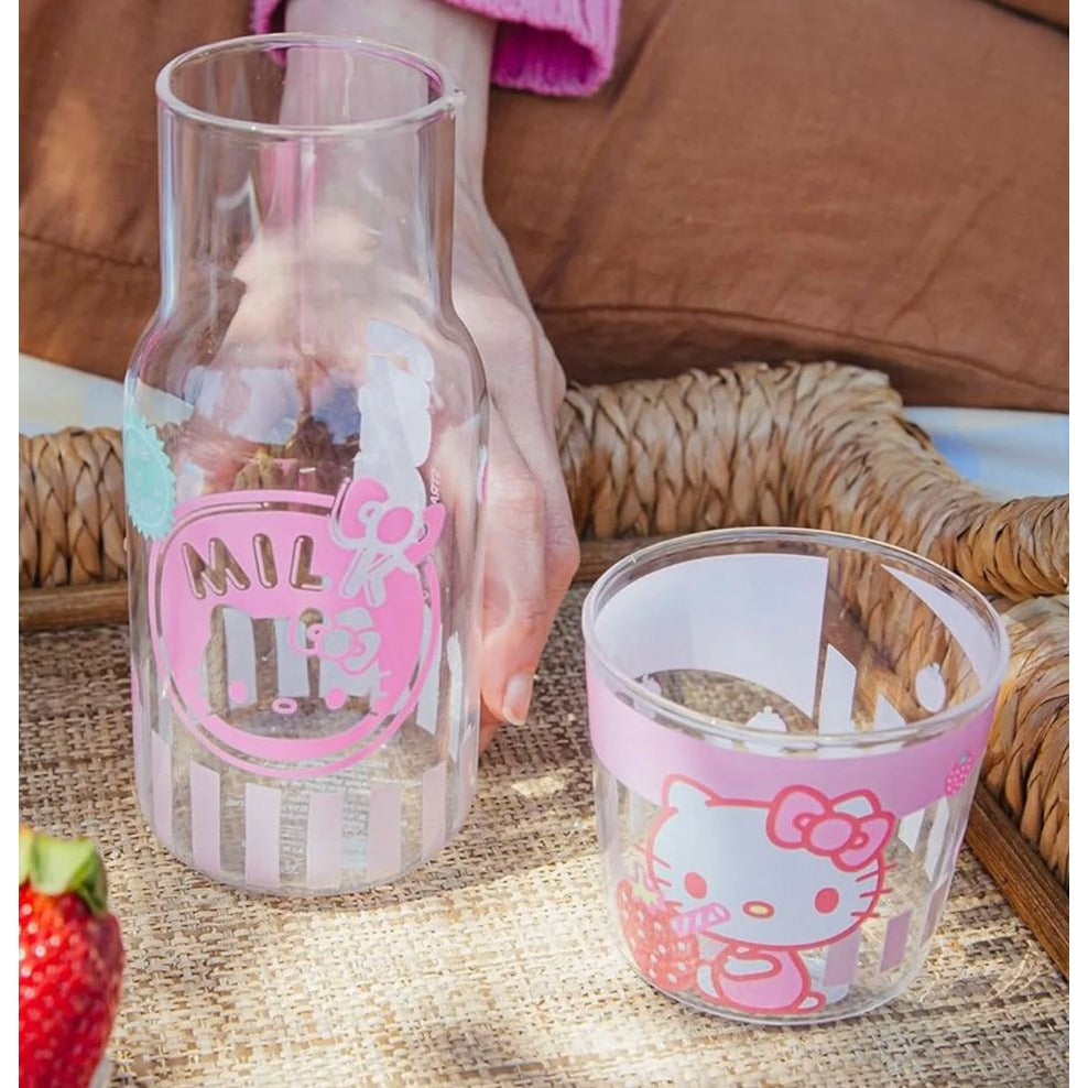 Hello Kitty Glass Water Pitcher With Cup 18 Oz (532 Ml) Pink & White Design Includes Cup With Strawberry Graphic