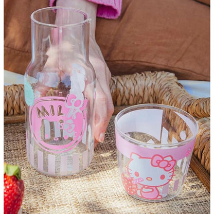 Hello Kitty Glass Water Pitcher With Cup 18 Oz (532 Ml) Pink & White Design Includes Cup With Strawberry Graphic