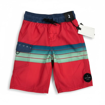 Rip Curl Boys Lay Days Lifestyle Boardshorts Size 2 Red/Green Striped Quick-Dry With Pockets