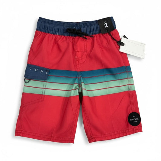 Rip Curl Boys Lay Days Lifestyle Boardshorts Size 2 Red/Green Striped Quick-Dry With Pockets