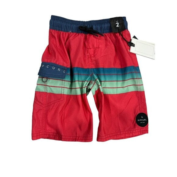 Rip Curl Boys Lay Days Lifestyle Boardshorts Size 2 Red/Green Striped Quick-Dry With Pockets