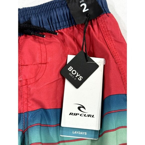 Rip Curl Boys Lay Days Lifestyle Boardshorts Size 2 Red/Green Striped Quick-Dry With Pockets