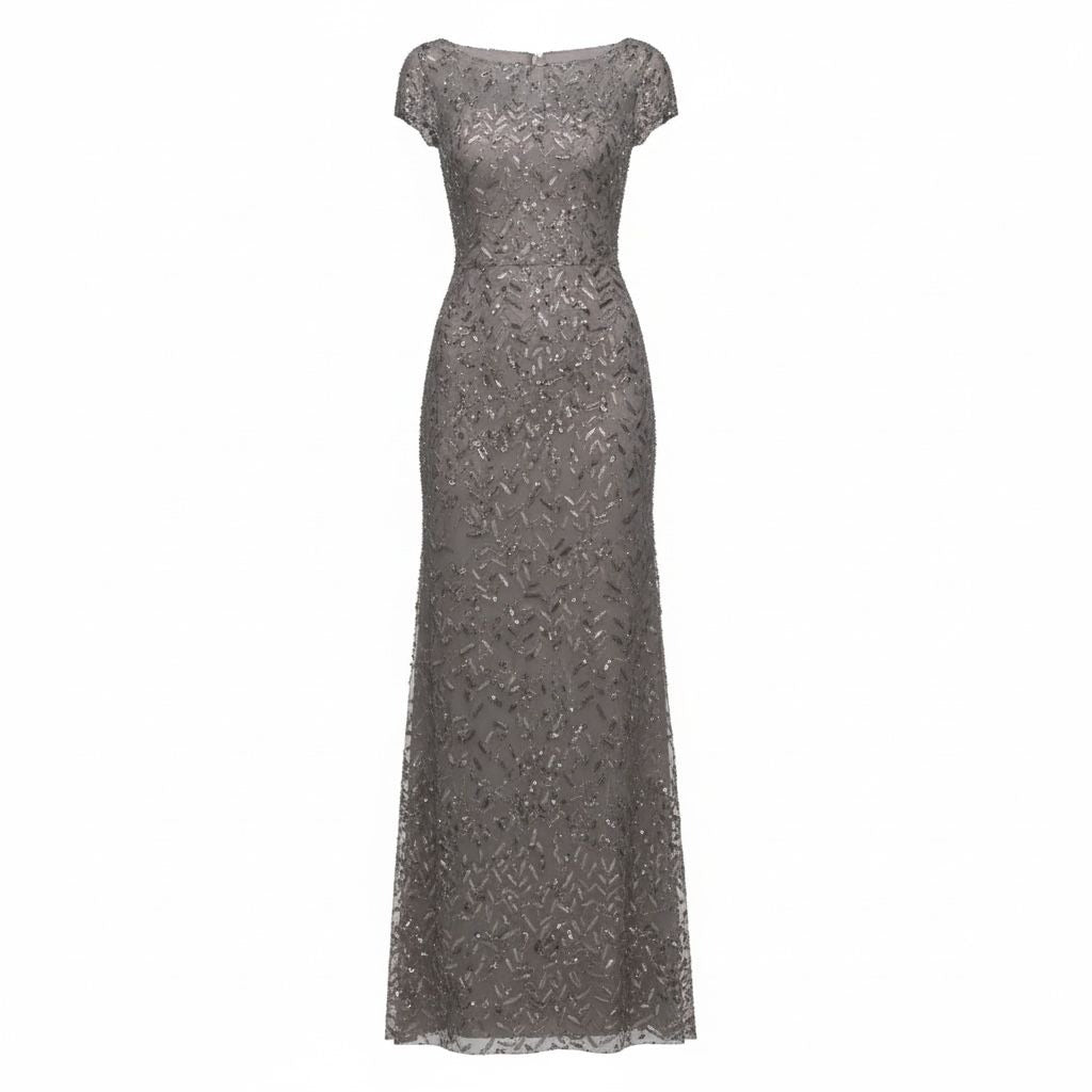 La Femme Gray Beaded Evening Gown Short Sleeve Size 8 Formal Dress