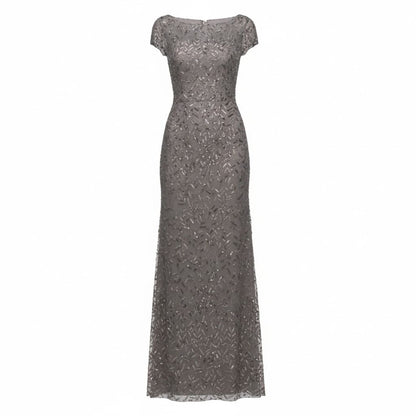 La Femme Gray Beaded Evening Gown Short Sleeve Size 8 Formal Dress