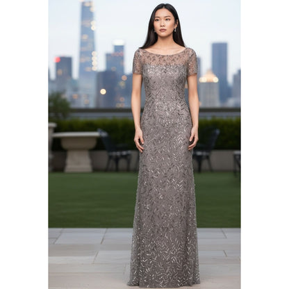 La Femme Gray Beaded Evening Gown Short Sleeve Size 8 Formal Dress