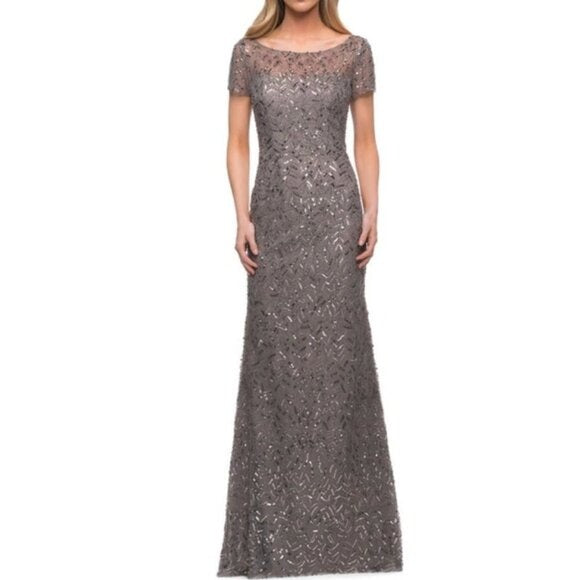 La Femme Gray Beaded Evening Gown Short Sleeve Size 8 Formal Dress